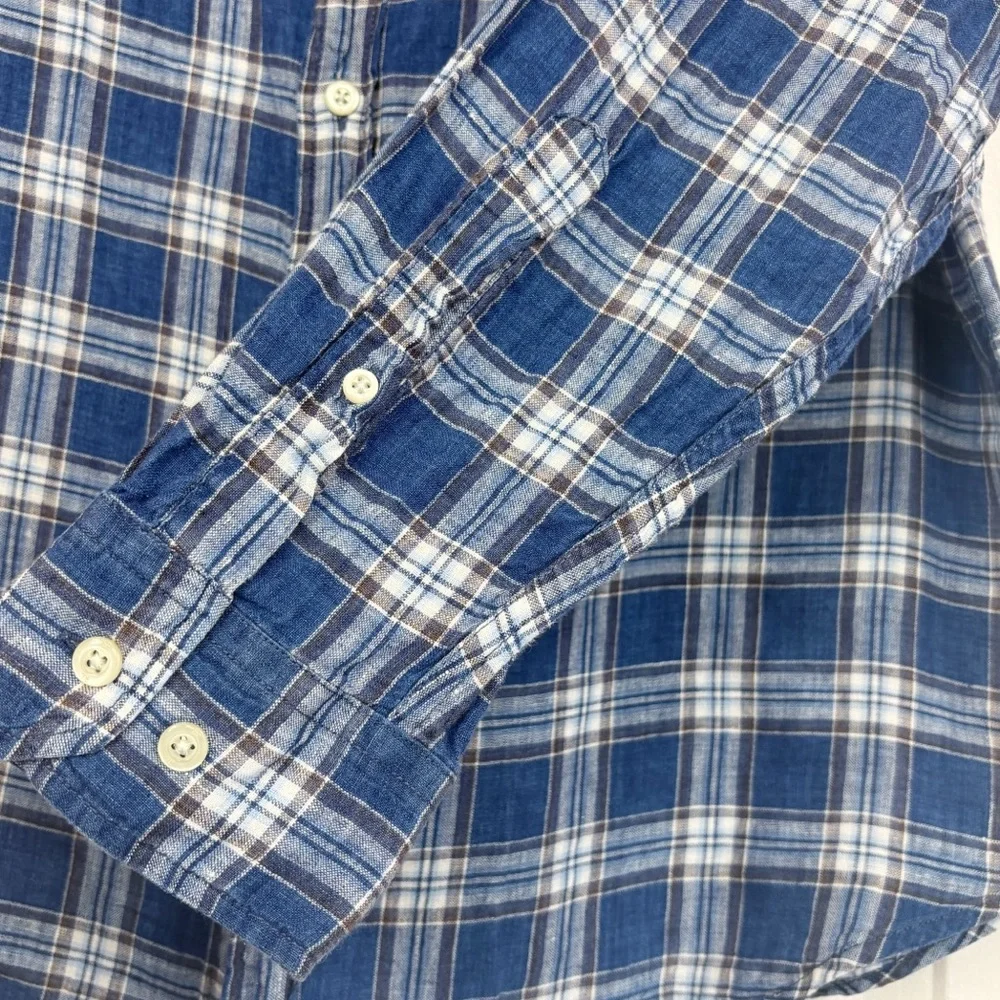 Banana Republic Blue Plaid 100% Linen Camden Standard Fit Shirt Large